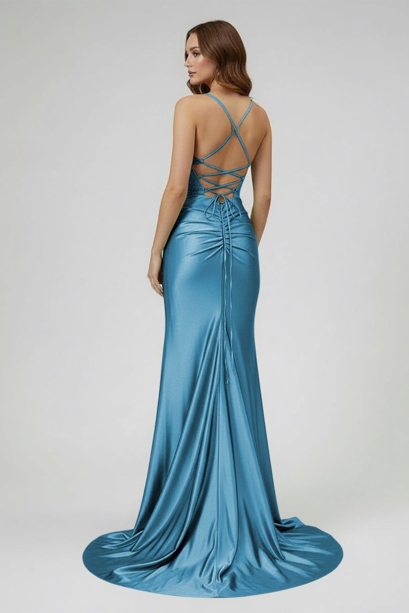 Sage Spaghetti Straps Satin Mermaid Long Prom Dress with Slit