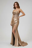 Sage Spaghetti Straps Satin Mermaid Long Prom Dress with Slit