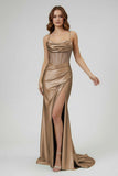 Sage Spaghetti Straps Satin Mermaid Long Prom Dress with Slit