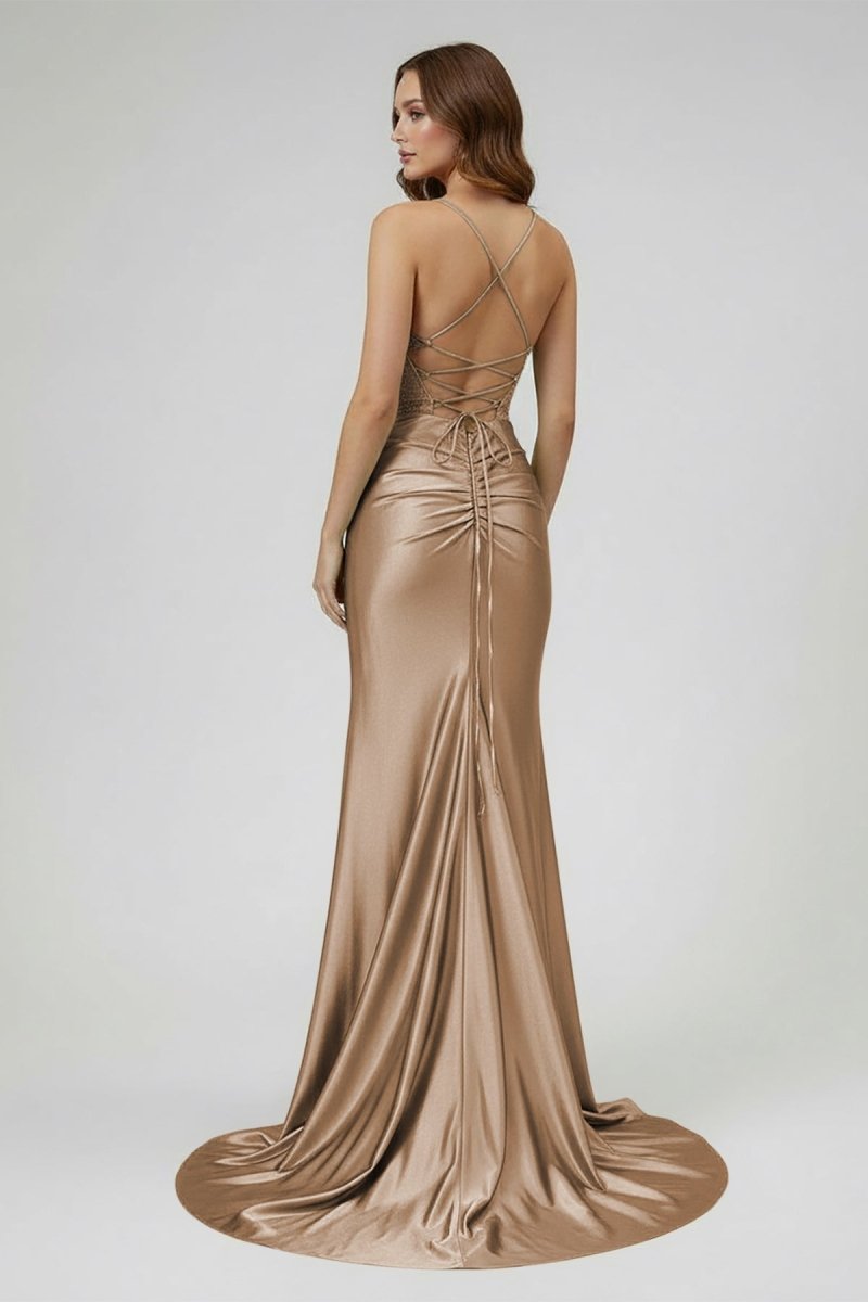 Sage Spaghetti Straps Satin Mermaid Long Prom Dress with Slit