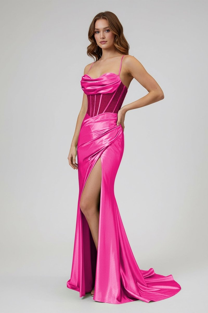 Sage Spaghetti Straps Satin Mermaid Long Prom Dress with Slit