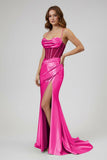 Sage Spaghetti Straps Satin Mermaid Long Prom Dress with Slit