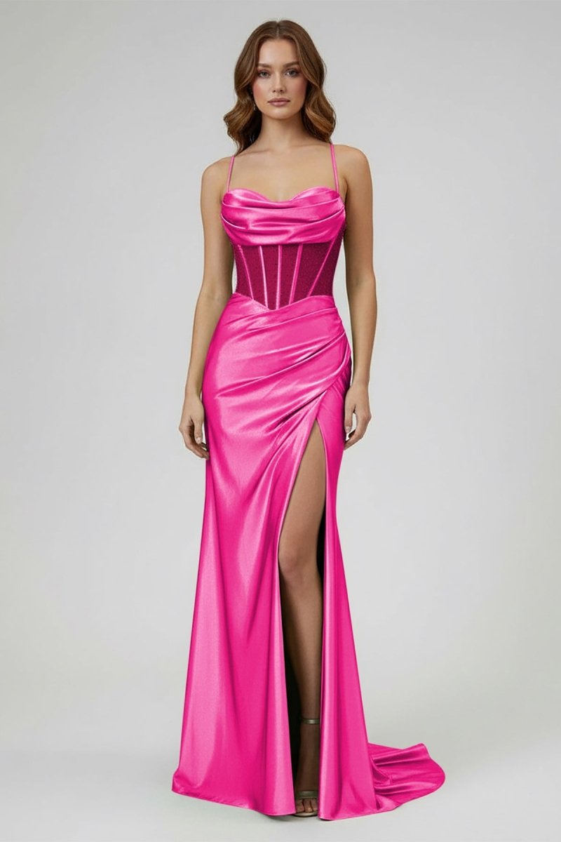 Sage Spaghetti Straps Satin Mermaid Long Prom Dress with Slit
