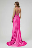 Sage Spaghetti Straps Satin Mermaid Long Prom Dress with Slit