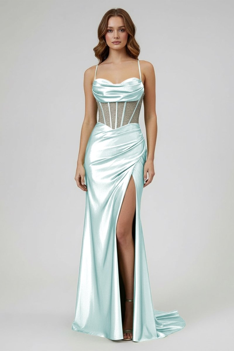 Sage Spaghetti Straps Satin Mermaid Long Prom Dress with Slit