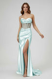 Sage Spaghetti Straps Satin Mermaid Long Prom Dress with Slit