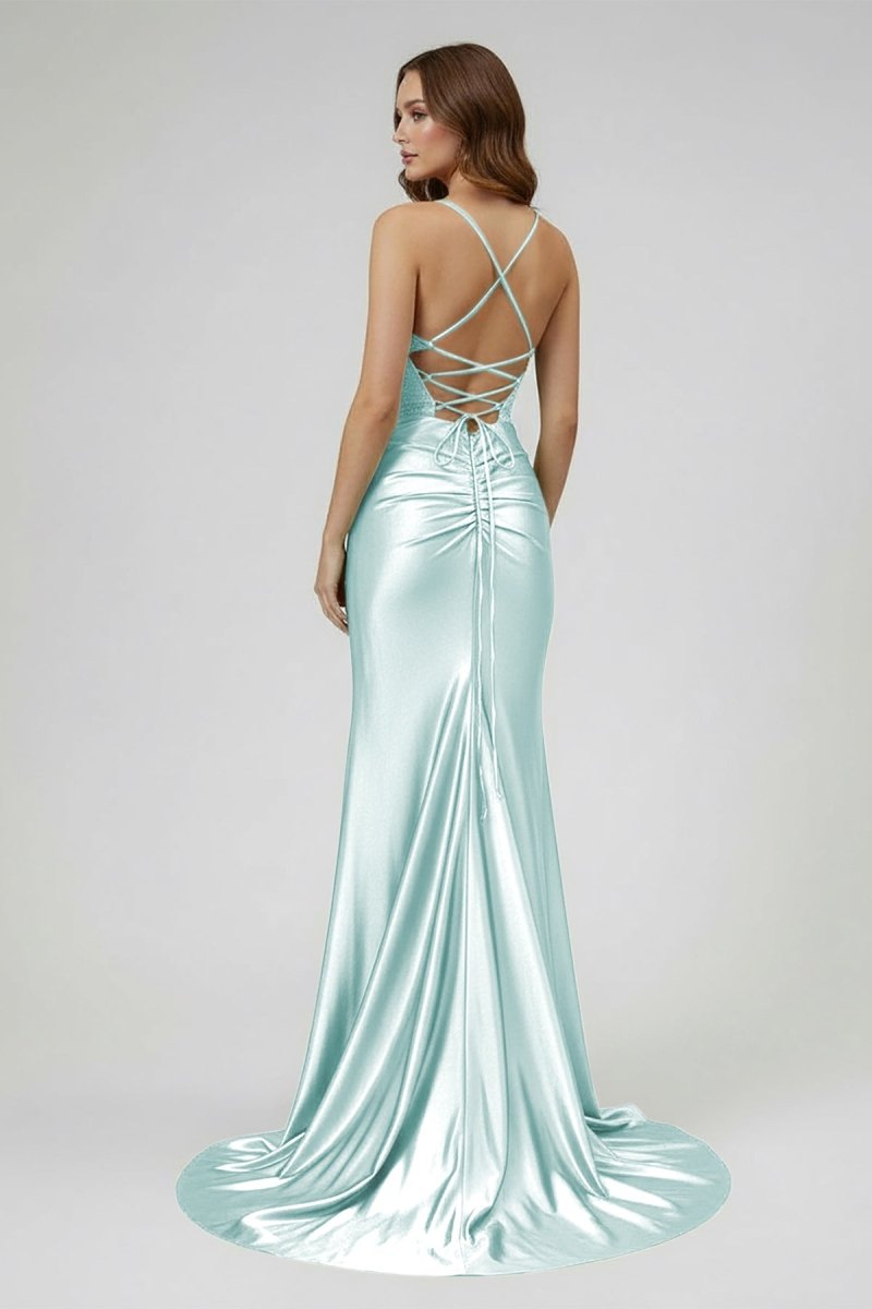 Sage Spaghetti Straps Satin Mermaid Long Prom Dress with Slit