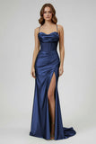 Sage Spaghetti Straps Satin Mermaid Long Prom Dress with Slit