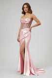 Sage Spaghetti Straps Satin Mermaid Long Prom Dress with Slit
