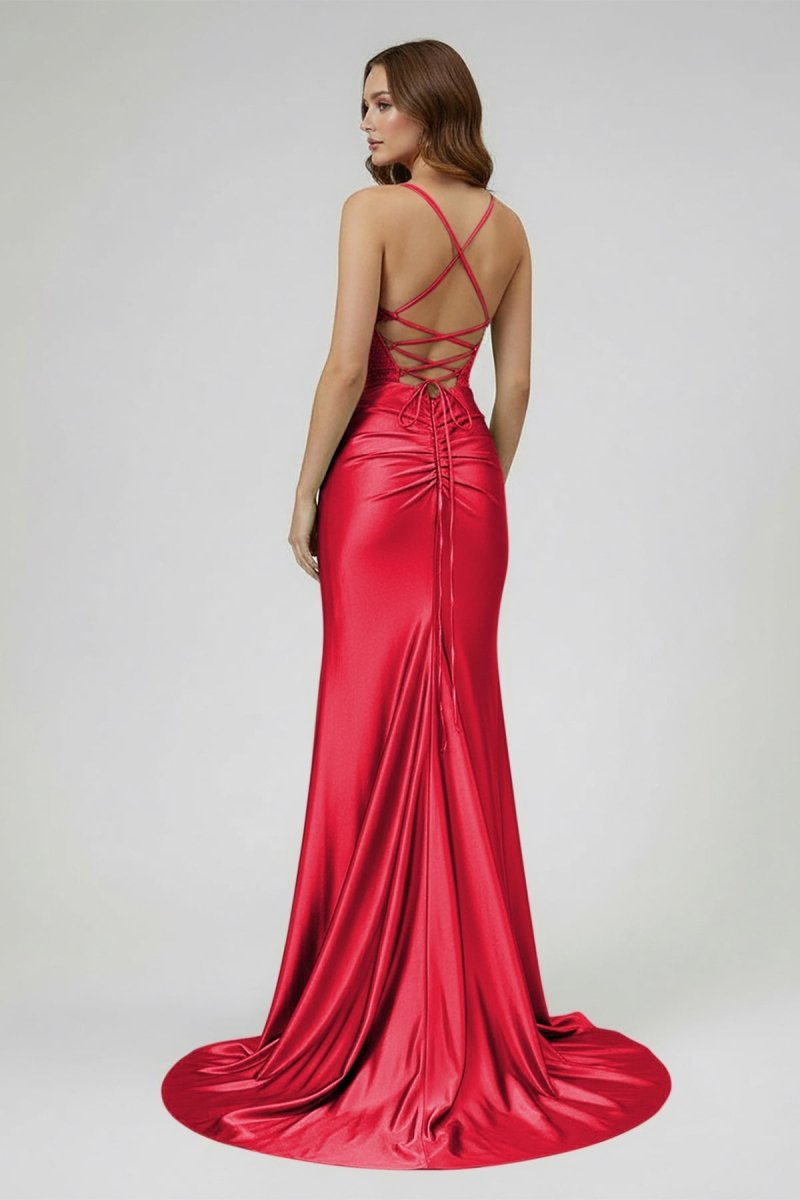 Sage Spaghetti Straps Satin Mermaid Long Prom Dress with Slit