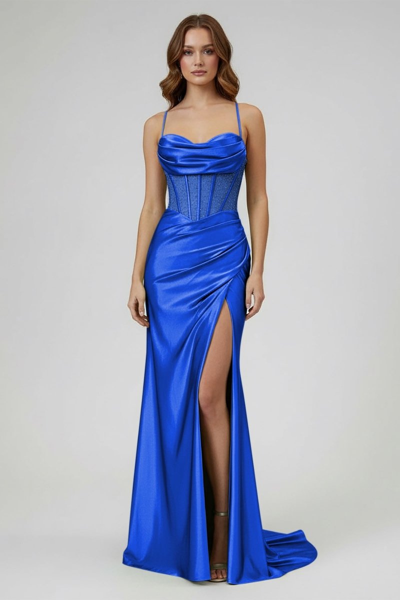 Sage Spaghetti Straps Satin Mermaid Long Prom Dress with Slit