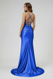Sage Spaghetti Straps Satin Mermaid Long Prom Dress with Slit
