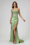 Sage Spaghetti Straps Satin Mermaid Long Prom Dress with Slit