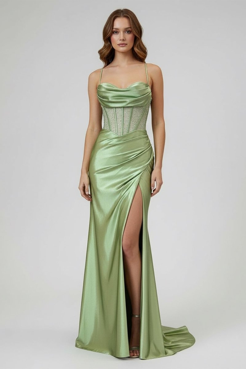 Sage Spaghetti Straps Satin Mermaid Long Prom Dress with Slit