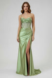 Sage Spaghetti Straps Satin Mermaid Long Prom Dress with Slit