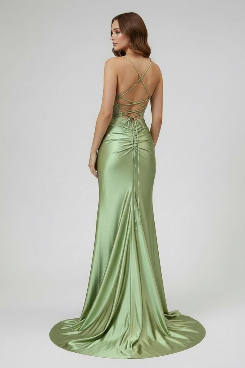 Sage Spaghetti Straps Satin Mermaid Long Prom Dress with Slit