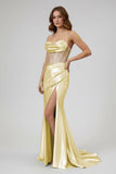 Sage Spaghetti Straps Satin Mermaid Long Prom Dress with Slit