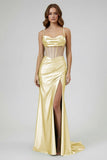 Sage Spaghetti Straps Satin Mermaid Long Prom Dress with Slit