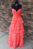 A Line Spaghetti Straps Yellow Long Prom Dress with Ruffles