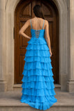 A Line Spaghetti Straps Yellow Long Prom Dress with Ruffles