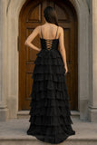 A Line Spaghetti Straps Yellow Long Prom Dress with Ruffles