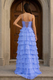 A Line Spaghetti Straps Yellow Long Prom Dress with Ruffles