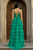A Line Spaghetti Straps Yellow Long Prom Dress with Ruffles