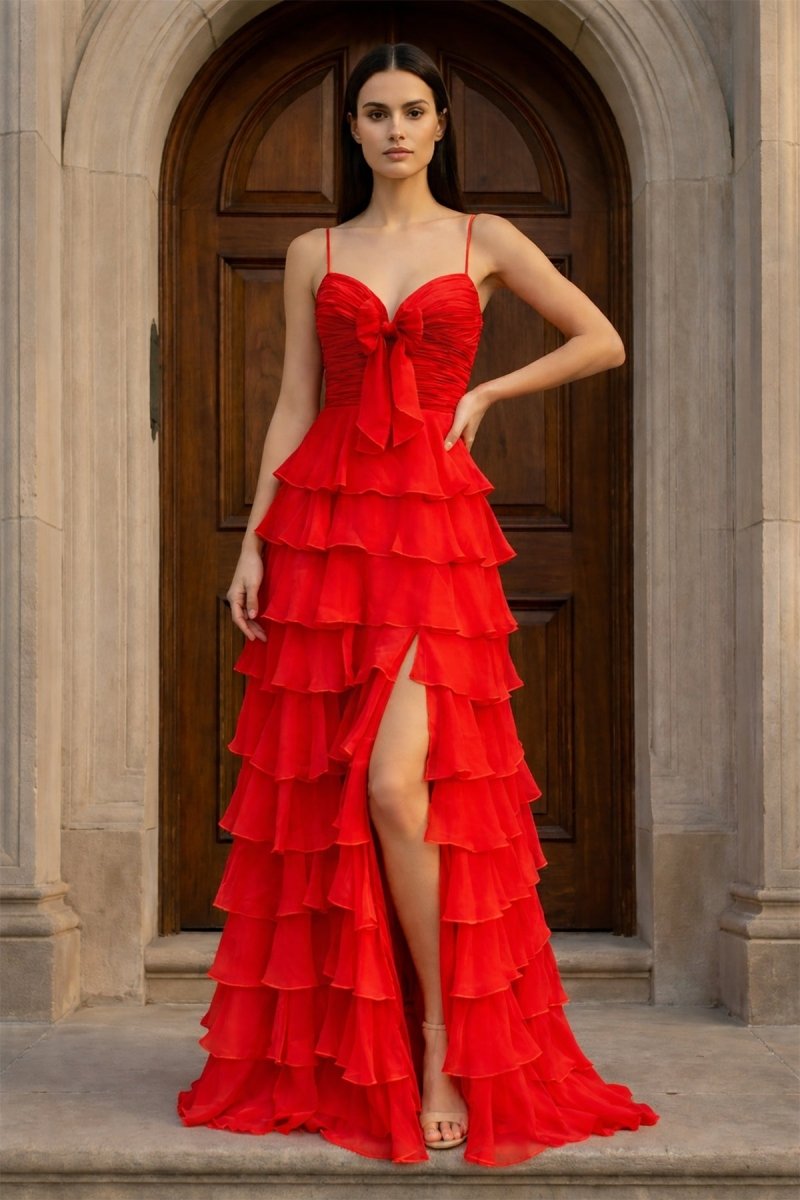 A Line Spaghetti Straps Yellow Long Prom Dress with Ruffles