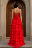 A Line Spaghetti Straps Yellow Long Prom Dress with Ruffles