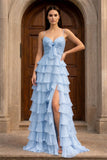 A Line Spaghetti Straps Yellow Long Prom Dress with Ruffles