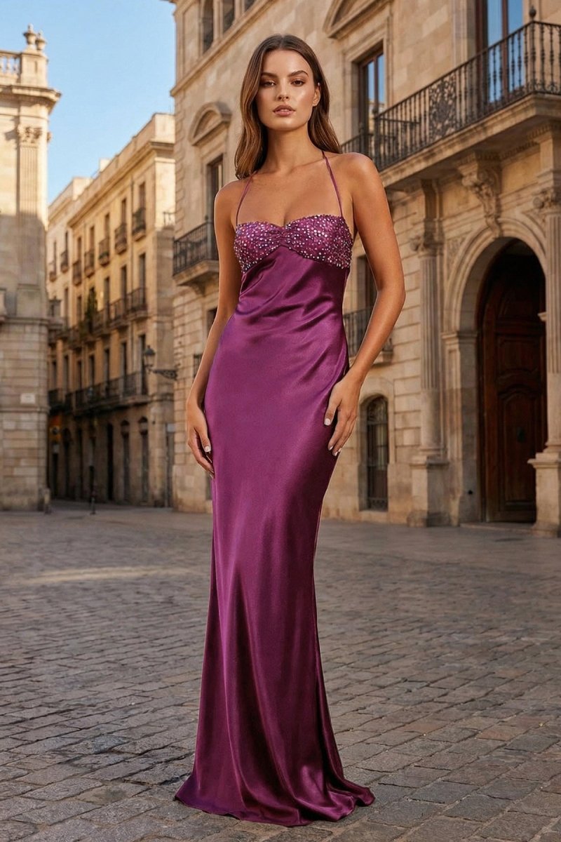 Pink - Halter Sheath Satin Long Prom Dresses With Sequins