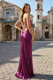 Magenta - Halter Sheath Satin Long Prom Dresses With Sequins