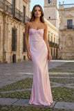 Pink - Halter Sheath Satin Long Prom Dresses With Sequins
