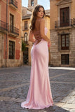 Pink - Halter Sheath Satin Long Prom Dresses With Sequins