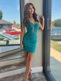 Turquoise Bodycon Sweetheart Lace Short Tight Homecoming Dresses with Appliques