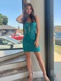 Turquoise Bodycon Sweetheart Lace Short Tight Homecoming Dresses with Appliques