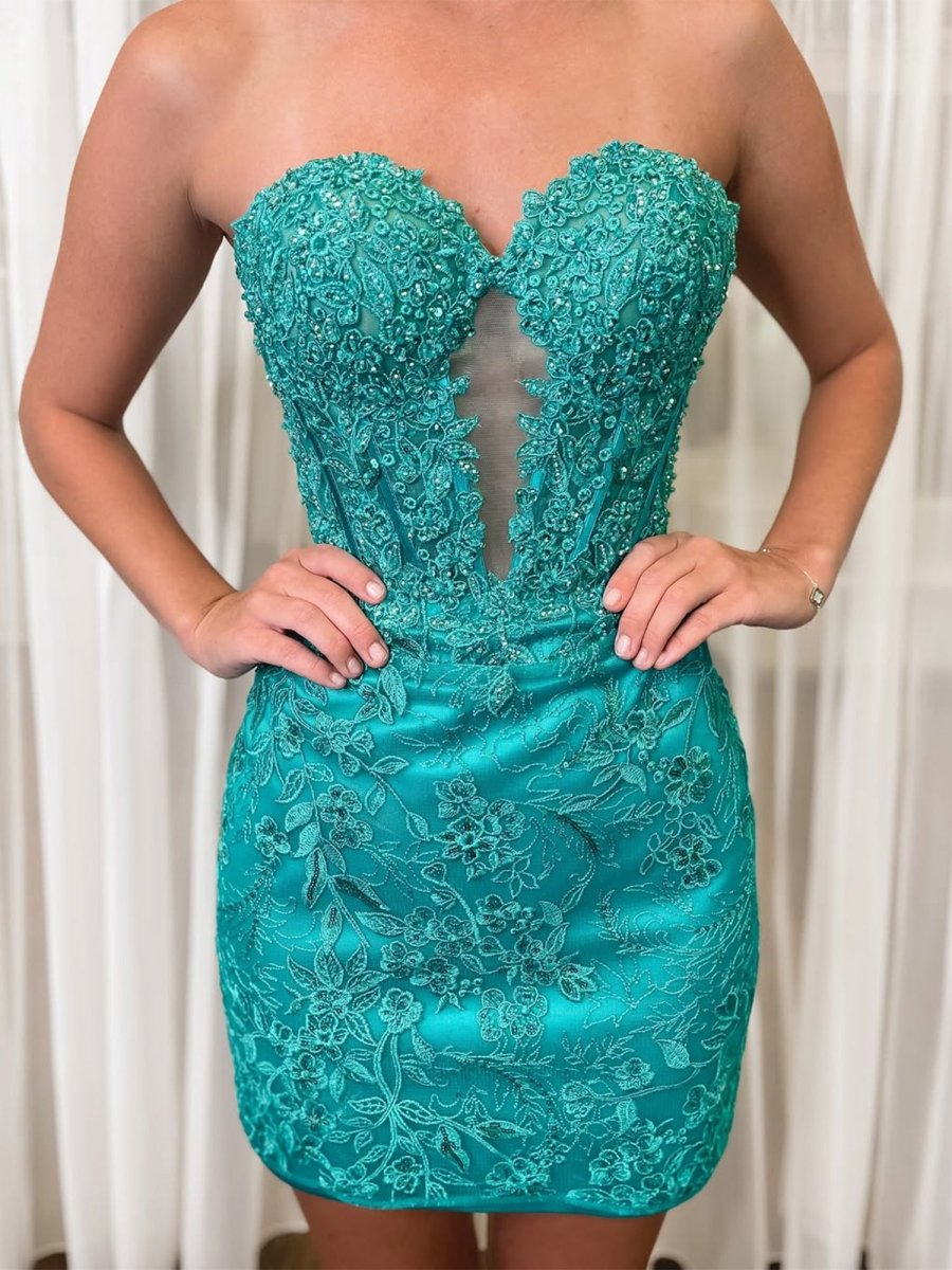 Turquoise Bodycon Sweetheart Lace Short Tight Homecoming Dresses with Appliques