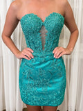 Turquoise Bodycon Sweetheart Lace Short Tight Homecoming Dresses with Appliques