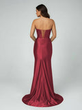 Burgundy Beaded Sweetheart Mermaid Long Prom Dress
