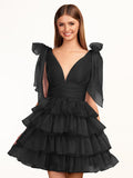 Trendy A-Line Royal Blue Tiered Homecoming Dress with Bow
