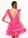 Trendy A-Line Royal Blue Tiered Homecoming Dress with Bow