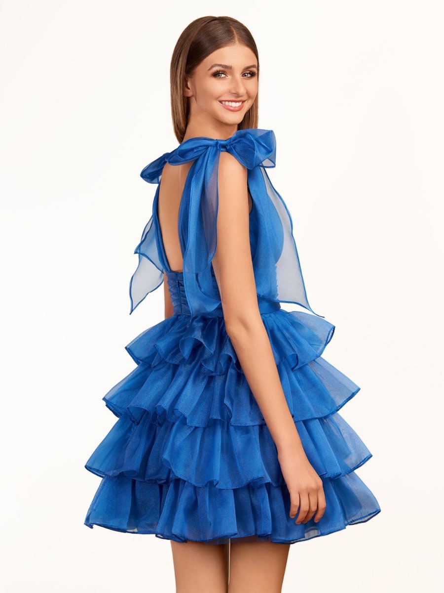 Trendy A-Line Royal Blue Tiered Homecoming Dress with Bow