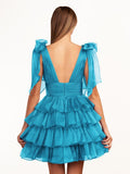 Trendy A-Line Royal Blue Tiered Homecoming Dress with Bow