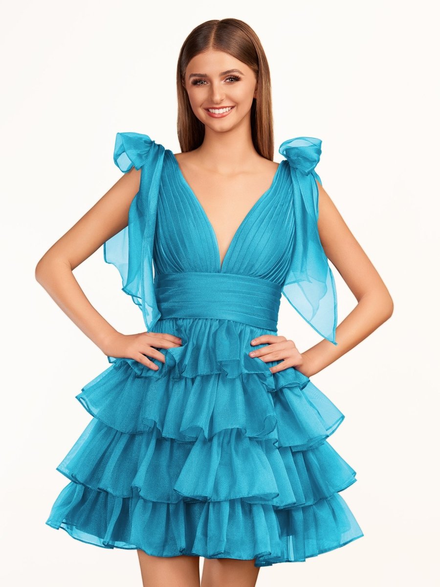 Trendy A-Line Royal Blue Tiered Homecoming Dress with Bow