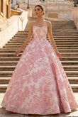 Pink A Line Strapless Jacquard Long Prom Dresses