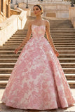 Pink A Line Strapless Jacquard Long Prom Dresses
