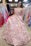 Pink A Line Strapless Jacquard Long Prom Dresses
