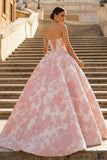 Pink A Line Strapless Jacquard Long Prom Dresses