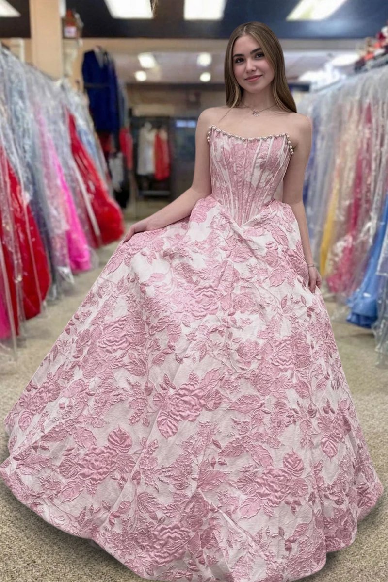 Pink A Line Strapless Jacquard Long Prom Dresses