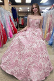 Pink A Line Strapless Jacquard Long Prom Dresses